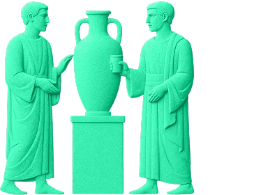 A graphic of two figures and a vase