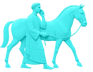 A graphic of a figure and horse