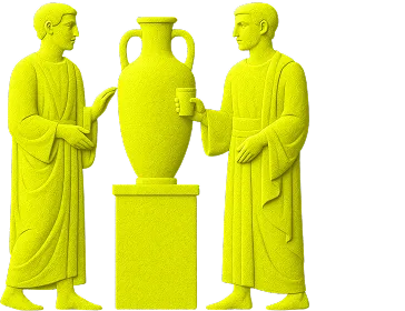 A graphic of two figures and a vase