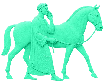 A graphic of a figure and horse