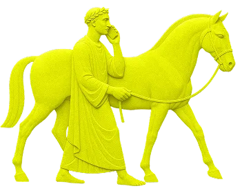 A graphic of a figure and horse