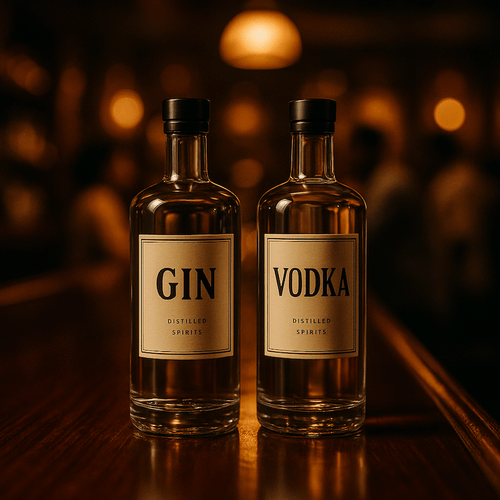 Two clear bottles side by side — one with gin, one with vodka — highlighting the comparison between gin and vodka.