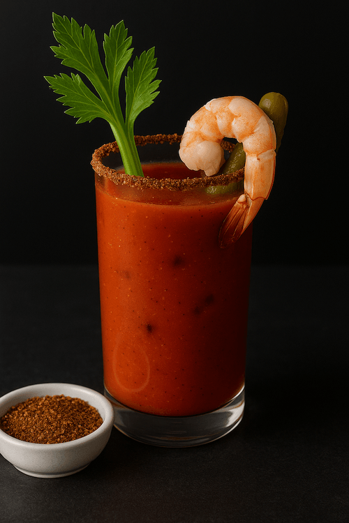 A bold gin-based Bloody Mary (Red Snapper) made with The Old G, garnished with celery, olives, lemon, and a chili rim — styled for brunch.