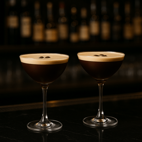 Two espresso martini glasses on a bar made with gin and vodka