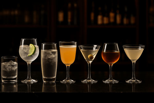 Seven different gin cocktails lined up on a bar, each in a unique glassware style, ranging from highball and coupe to martini and rocks glasses, with garnishes like lime and olives, set against a dark, elegant bar background.