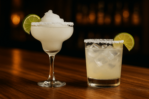 Two gin margaritas on a wooden bar — one frozen in a stemmed glass and one on the rocks in a lowball glass, both with salted rims and lime wedges, set against a dimly lit background.