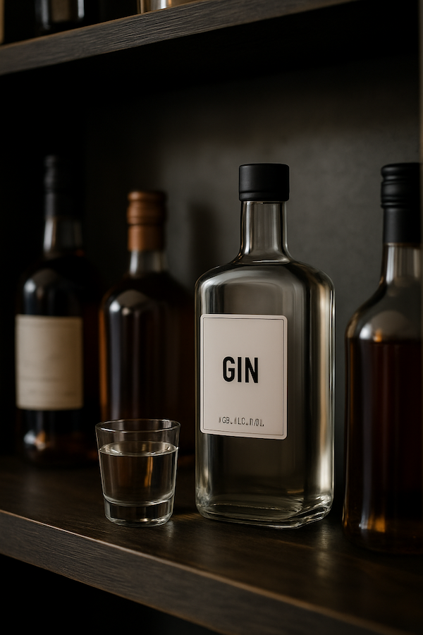 Minimalist bottle labeled 'GIN' with clear liquid, displayed on a dark wooden shelf alongside whiskey bottles and a filled shot glass, in a dimly lit bar or liquor cabinet.