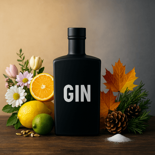 A matte black gin bottle surrounded by citrus fruits, pinecones, cardamom pods, seasonal leaves, and flowers on a wooden table, symbolizing the natural botanicals and year-round appeal of gin.