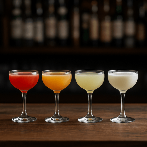 Four colorful daiquiri cocktails in coupe glasses lined up on a wooden bar, each featuring a unique shade from red to pale yellow, with a blurred bar shelf in the background.