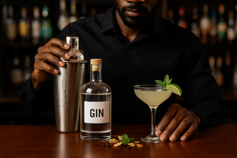 A Black male bartender evaluating a gin and tonic in a large wine glass, surrounded by three other gin cocktails garnished with botanicals, a clear bottle labeled 'GIN,' and assorted spices on a wooden bar counter in a dimly lit bar.