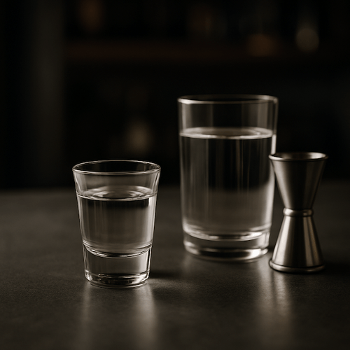 Close-up of a shot glass, a highball glass, and a stainless steel jigger filled with clear liquid on a dark bar surface, with a blurred background in warm, moody lighting.