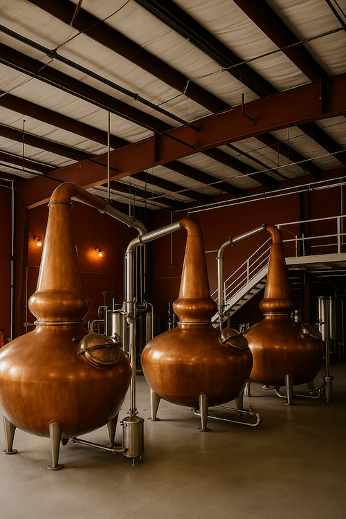 A high-resolution image of a distillery featuring three gleaming copper pot stills, capturing the traditional craft of spirit distillation. Perfect for showcasing artisanal production, behind-the-scenes distillery tours, or content about whiskey and gin manufacturing. The warm lighting highlights the equipment's curves and industrial elegance.