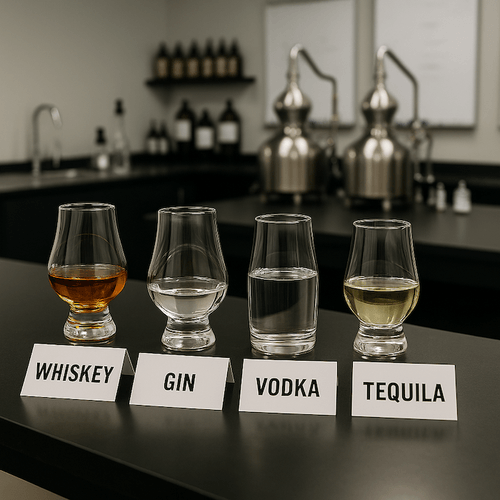 A high-resolution photograph of a professional spirits tasting lab setup, showcasing whiskey, gin, vodka, and tequila in labeled glassware on a sleek table. Ideal for distillery websites, beverage industry blogs, or educational content about spirit tasting and quality control. The scene emphasizes precision, craftsmanship, and sensory evaluation.