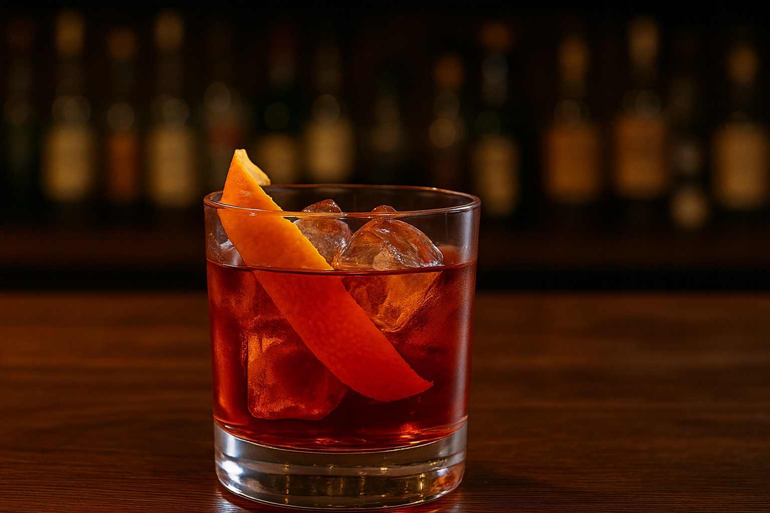 A rocks glass filled with an amber-red cocktail over a large ice cube, garnished with a twist of orange peel on a sleek black bar counter.