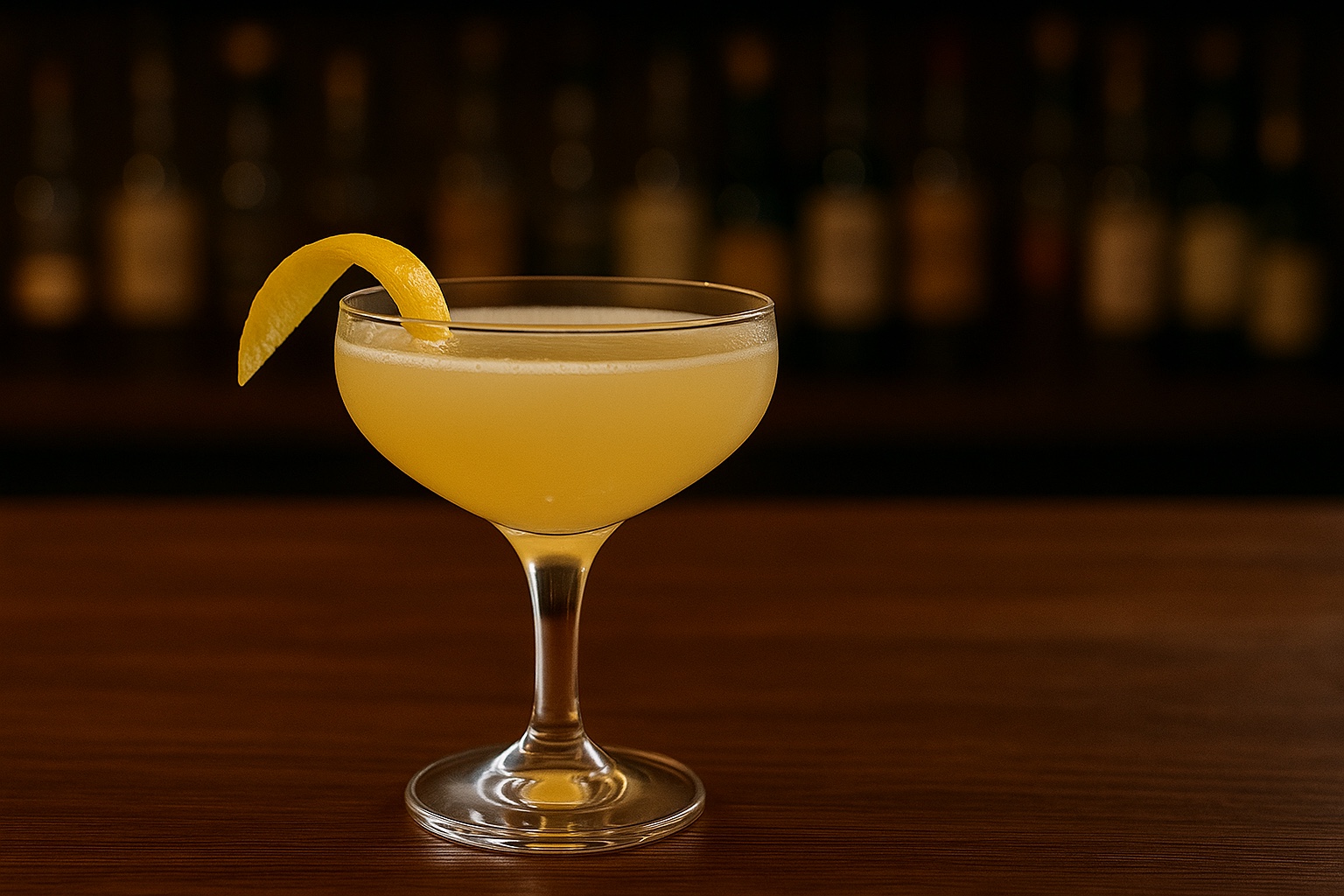 A coupe glass filled with a golden-hued cocktail, reflecting warm light, and topped with a delicate lemon twist.