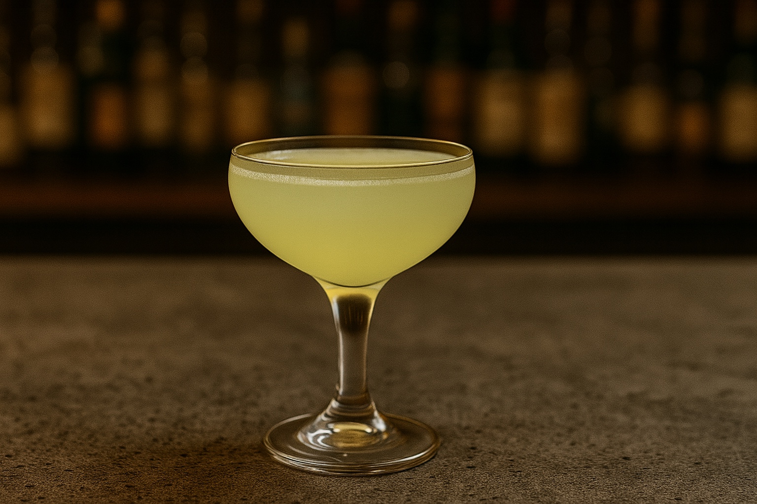 A coupe glass with a pale green gin cocktail, its surface frosted from the chill, sitting on a reflective black bar.