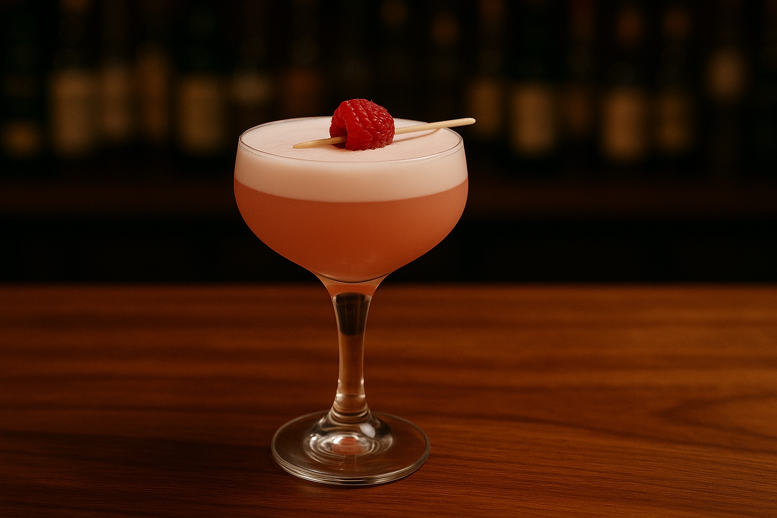 A coupe glass with a soft pink cocktail and a velvety foam top, garnished with a few raspberries.
