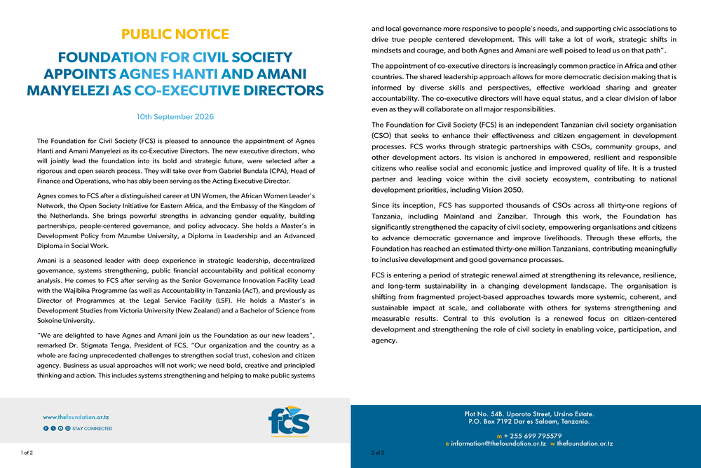 Foundation for Civil Society Appoints Agnes Hanti And Amani Manyelezi as Co-Executive Directors