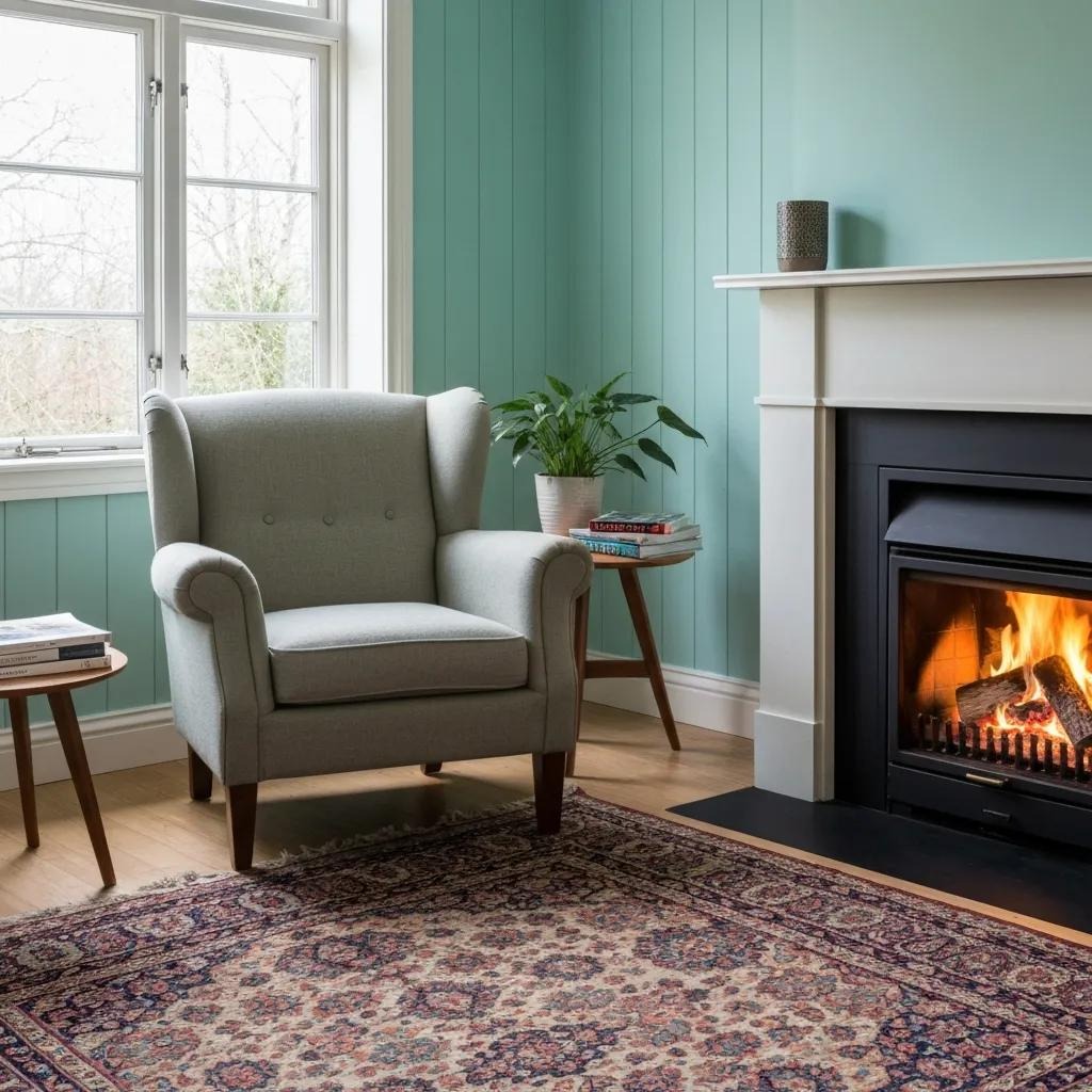 Cozy living room with a modern furnace, highlighting warmth and safety during winter