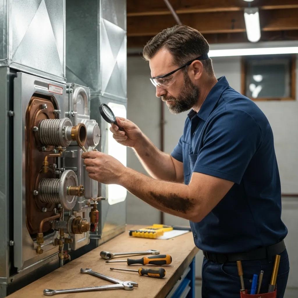 Technician inspecting a furnace for banging or booming noises in a utility room