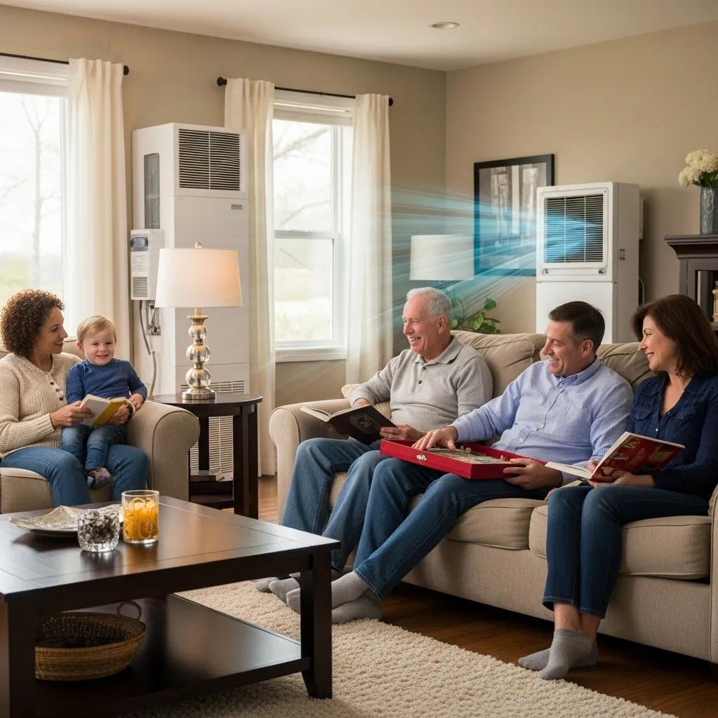 Family relaxing in a comfortable living room with visible HVAC system — year‑round comfort
