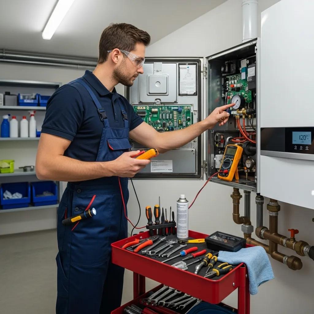 Technician performing maintenance on a boiler system, highlighting the importance of upkeep for efficiency