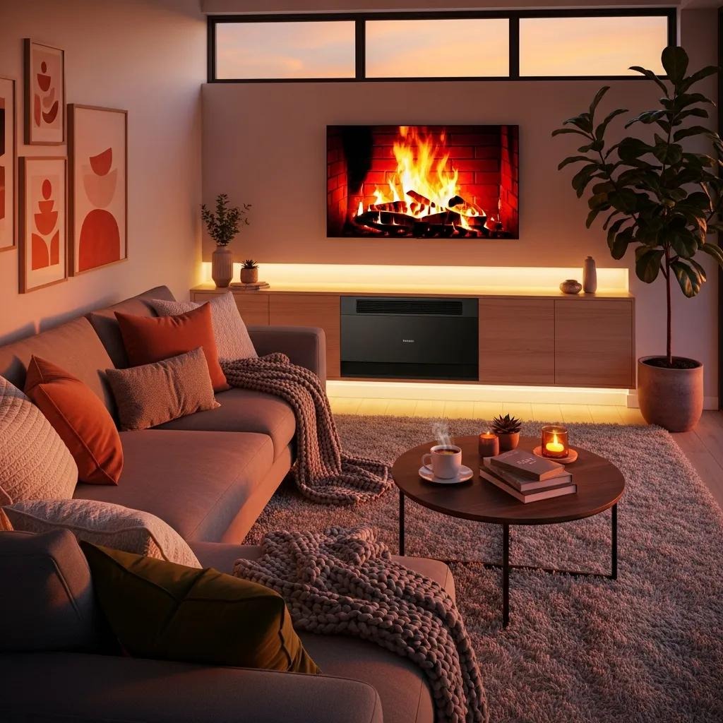 Modern home heating system in a cozy living room, emphasizing comfort and energy efficiency