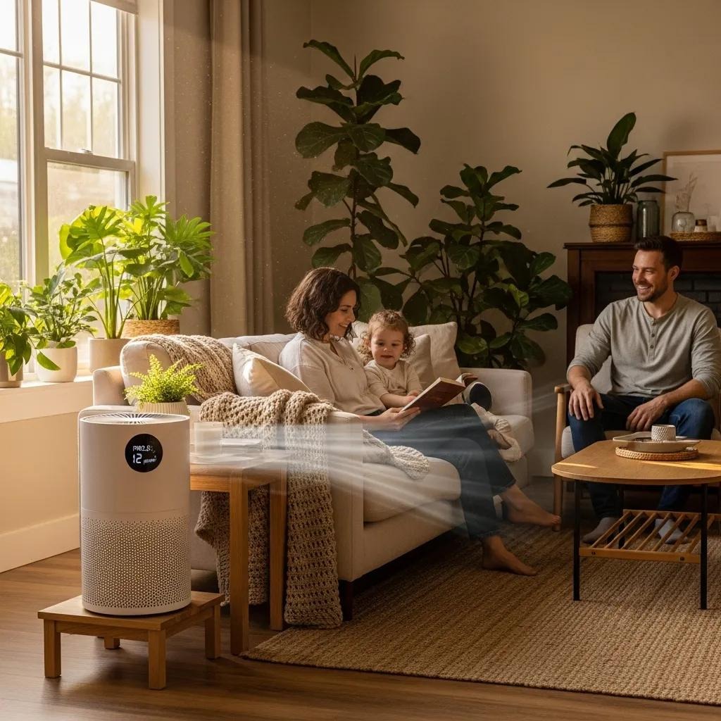 Cozy living room with a modern air purifier, highlighting the importance of indoor air quality