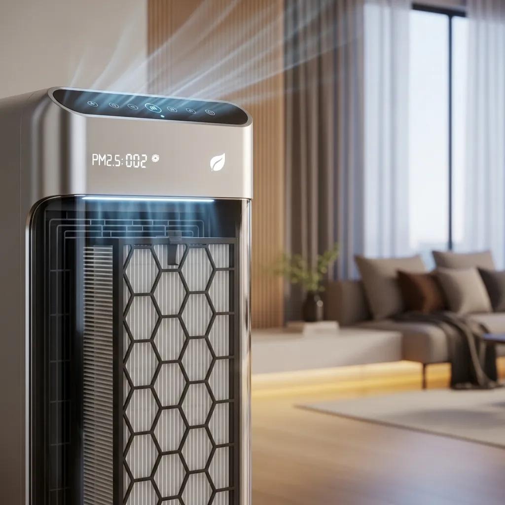 High-efficiency air purifier with HEPA filter, emphasizing energy efficiency and air quality improvement