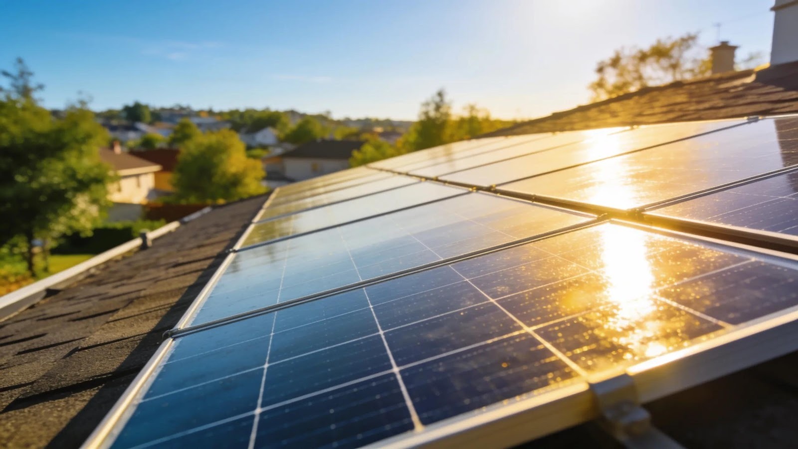 Solar-powered HVAC system with panels on a roof in a sunny neighborhood highlighting environmental benefits