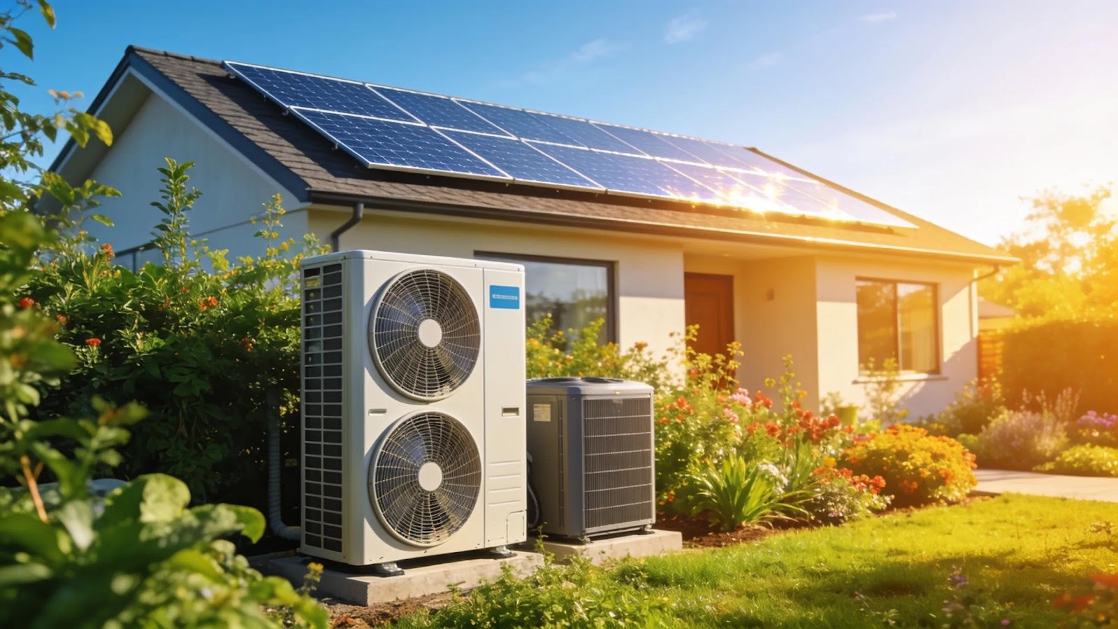 Eco-friendly HVAC systems in a modern home's exterior with solar panels and lush greenery