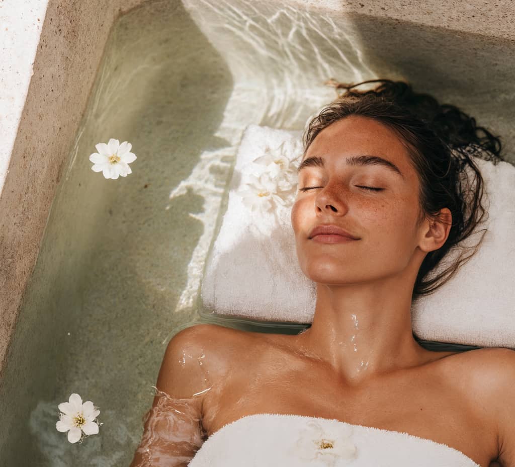 Relaxed woman with closed eyes lying in water with white flowers and a towel pillow under her head.