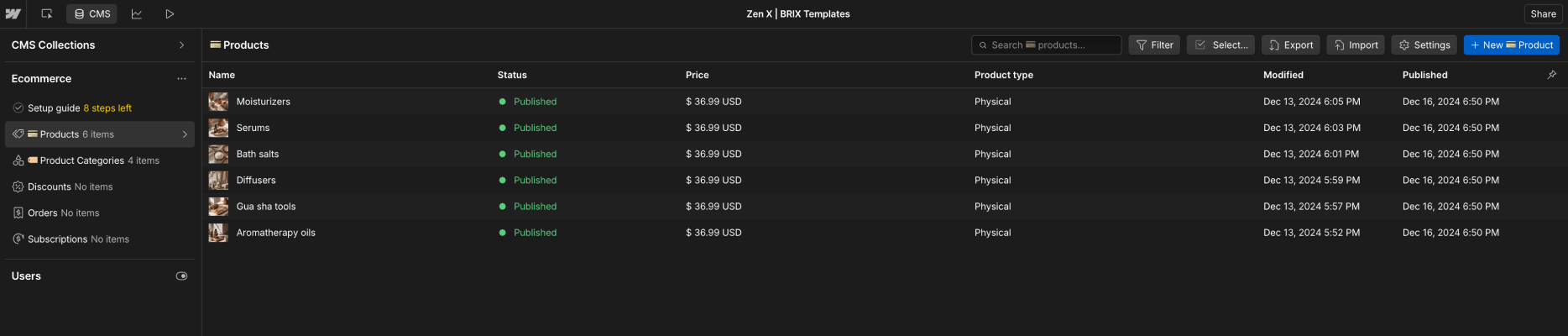 CMS interface showing a product list of moisturizers, serums, bath salts, diffusers, gua sha tools, and aromatherapy oils.