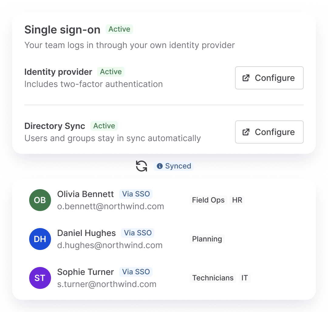 Single sign-on connection with an active identity provider and synced groups