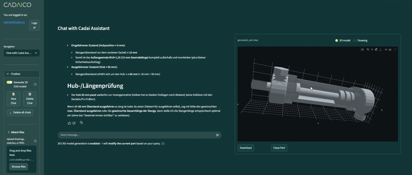 Web app interface showing a CADAI chat on the left with German text about rod length checks and a 3D model of a mechanical part on the right.