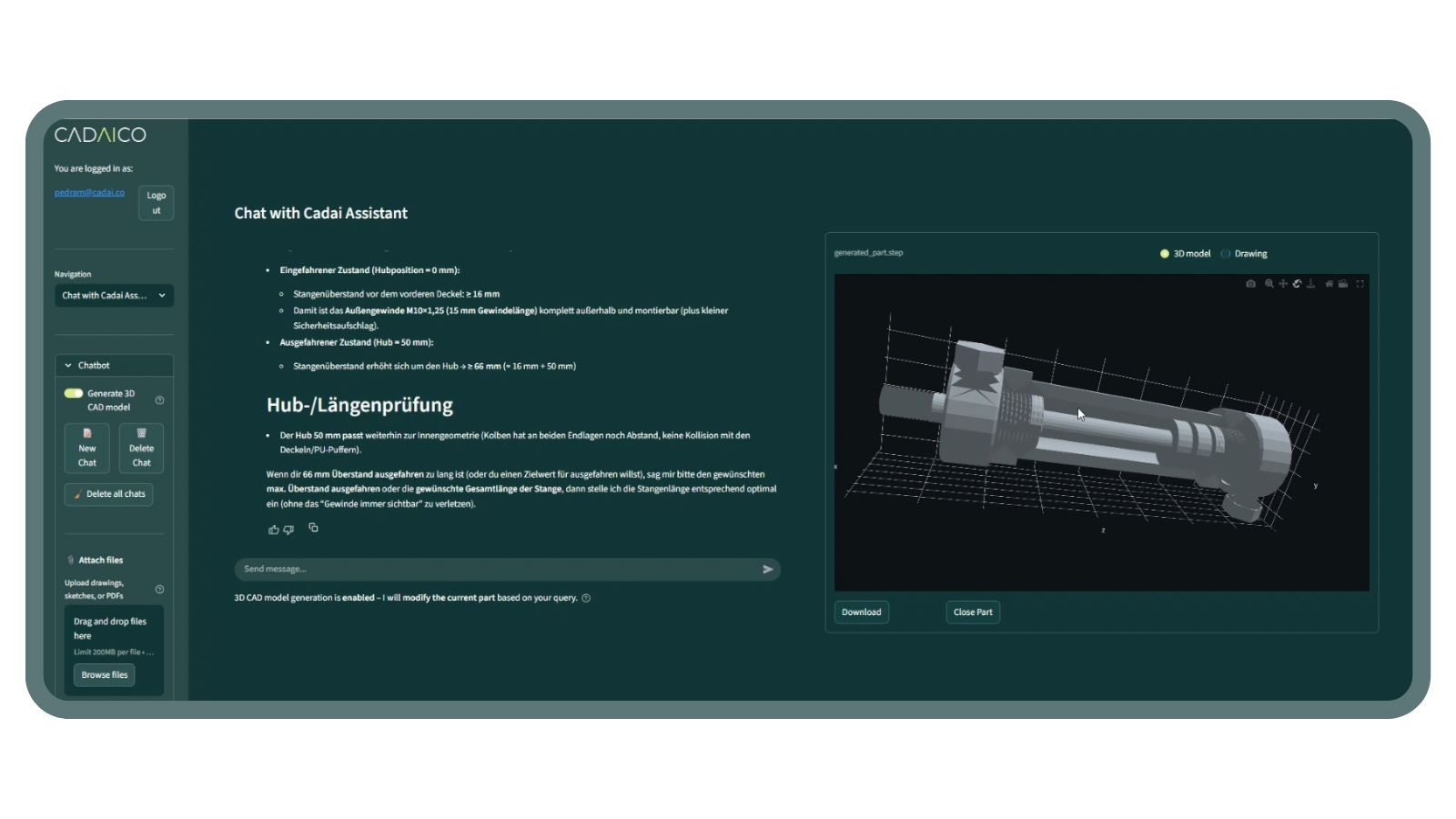 CADAI interface showing a chat with CADAI discussing rod position and length checks, alongside a 3D CAD model of a mechanical part.