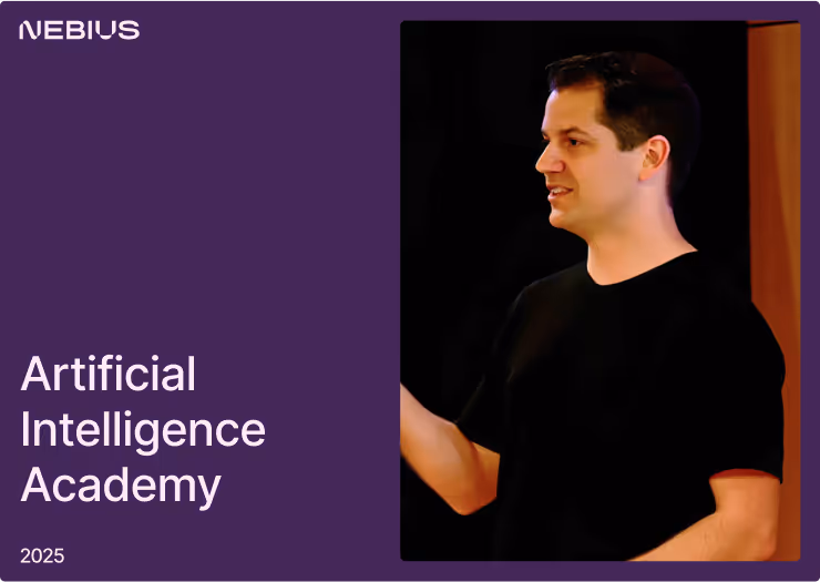 Man in black shirt speaking, beside text reading 'Artificial Intelligence Academy 2025' and Nebius logo on dark purple background.