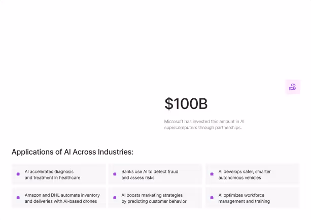 $100 billion investment by Microsoft in AI supercomputers with applications across industries including healthcare diagnosis, fraud detection in banking, autonomous vehicles, automated inventory by drones, marketing strategy optimization, and workforce management.