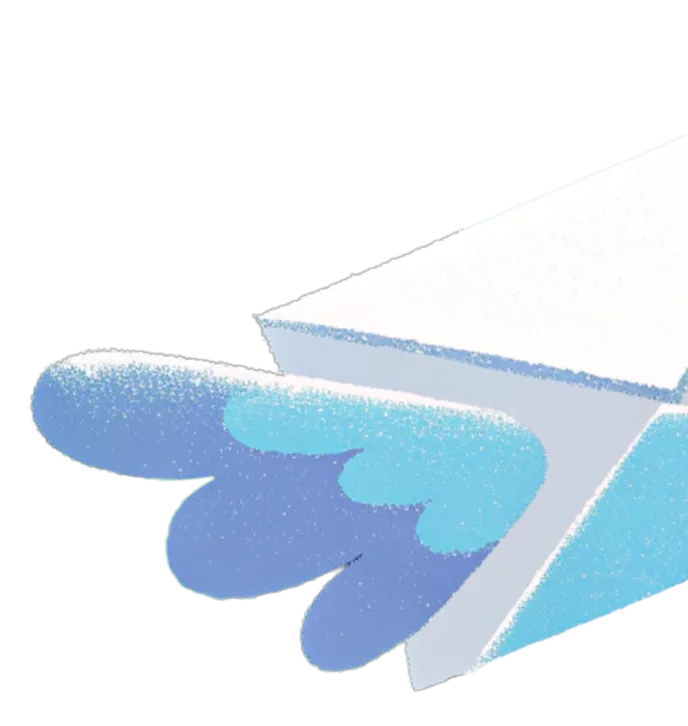 Paper airplane with stylized blue wings attached to its side.