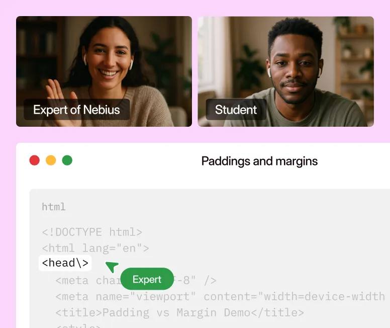 Split screen with a smiling woman labeled Expert of Nebius waving on the left and a man labeled Student on the right, above a webpage showing an HTML code snippet with highlighted 'head' tag and a tooltip labeled Expert.
