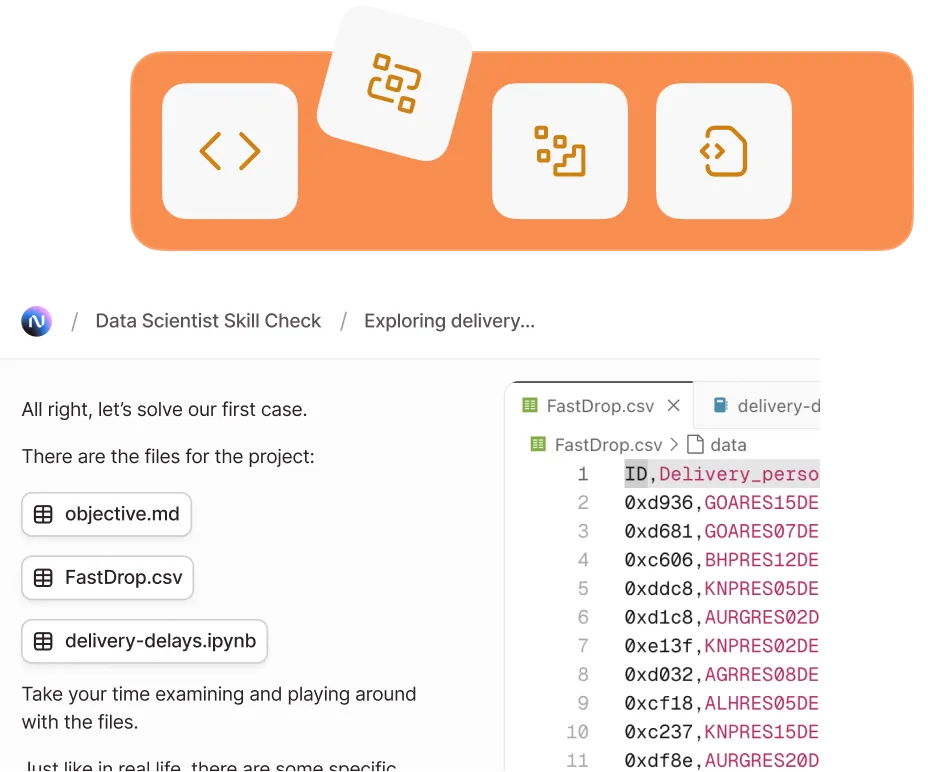 Screenshot of a data science project interface showing files objective.md, FastDrop.csv, delivery-delays.ipynb, and a preview of FastDrop.csv with delivery person IDs and codes.