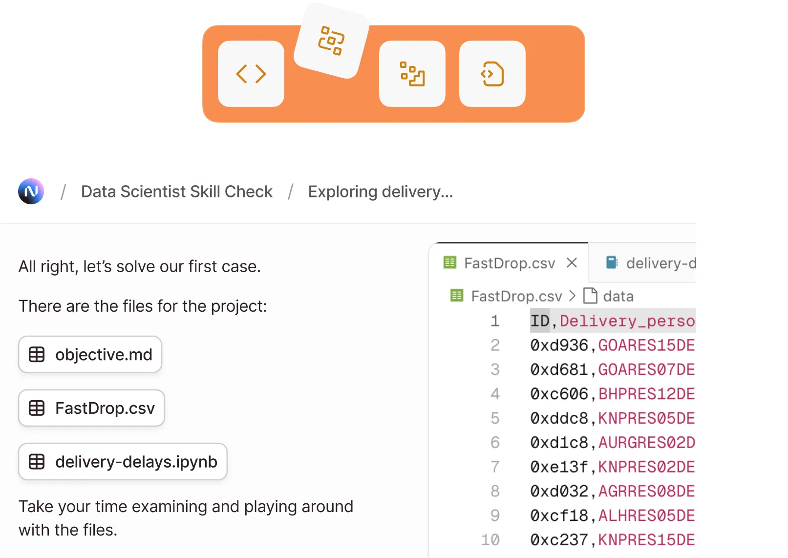 Screenshot of a code editor showing files for a data scientist project: objective.md, FastDrop.csv, and delivery-delays.ipynb, with a snippet of FastDrop.csv displaying a table of IDs and delivery person codes.