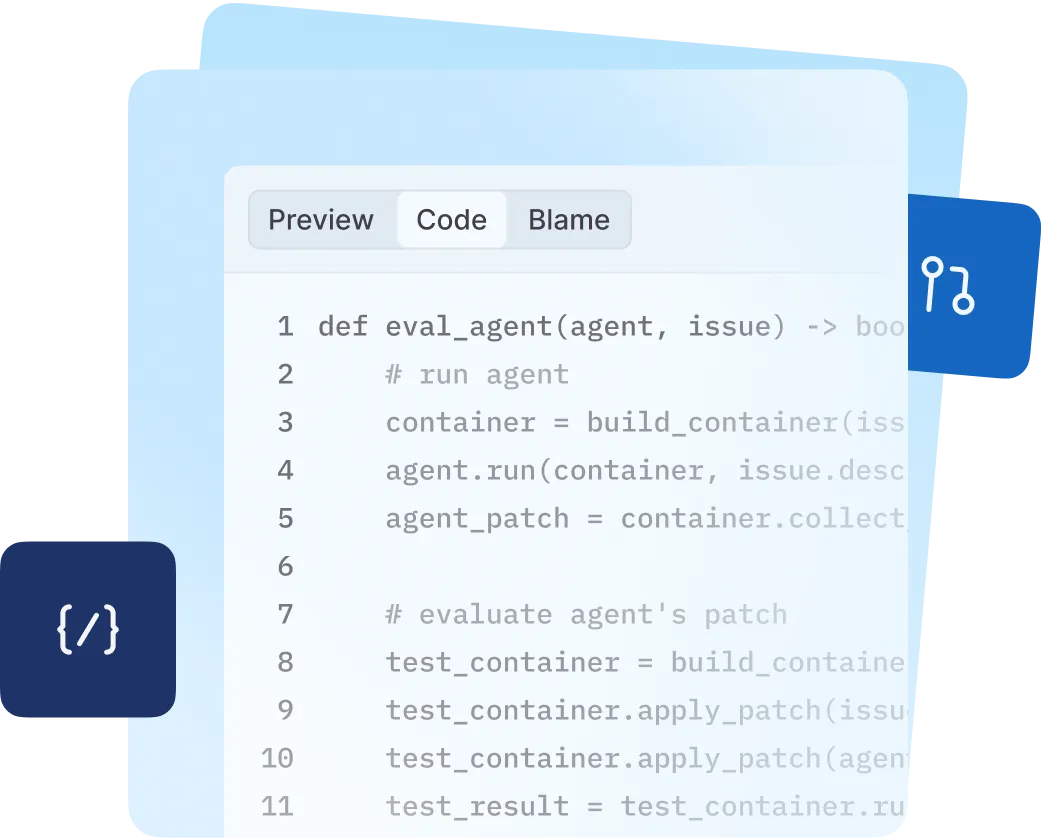 Code editor interface showing Python code with tabs Preview, Code, and Blame; some code lines define and evaluate an agent function.