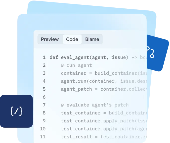 Code snippet showing a Python function named eval_agent with tabs for Preview, Code, and Blame.