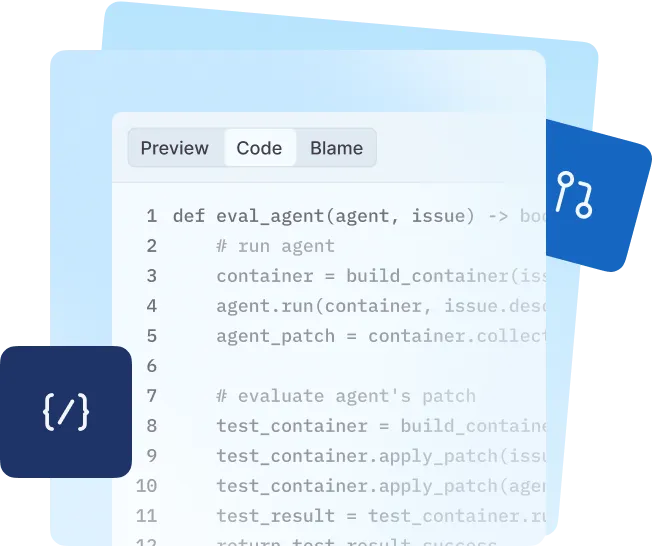 Computer screen displaying Python code with tabs labeled Preview, Code, and Blame, alongside floating icons of a code bracket and a Git branch symbol.
