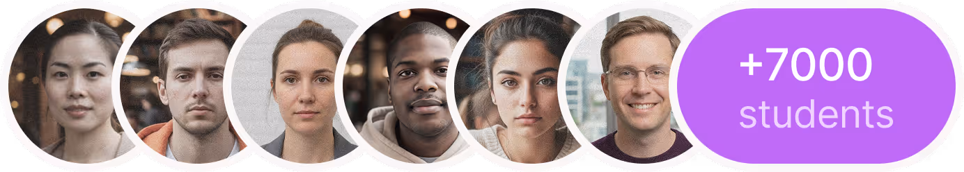Portraits of six diverse students followed by a purple bubble displaying '+7000 students'.