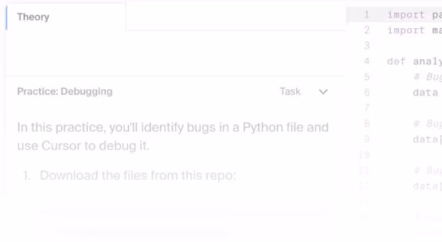 Screenshot of an online coding exercise interface showing a 'Theory' tab, a 'Practice: Debugging' section with instructions to identify bugs in a Python file using Cursor, and a code editing panel with Python code imports and a function definition.