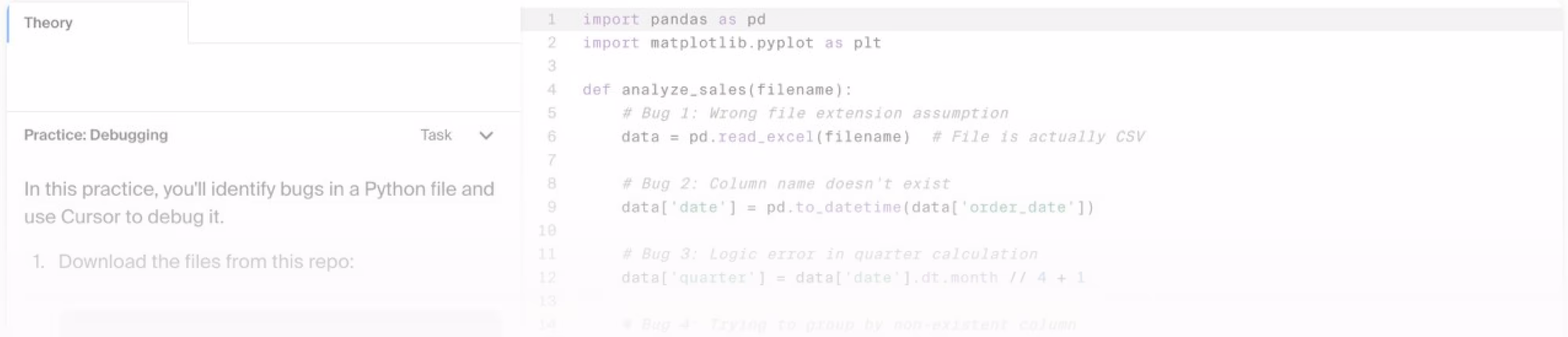 Screenshot of Python code for debugging sales data analysis, highlighting bugs in file extension, column name, and quarter calculation.