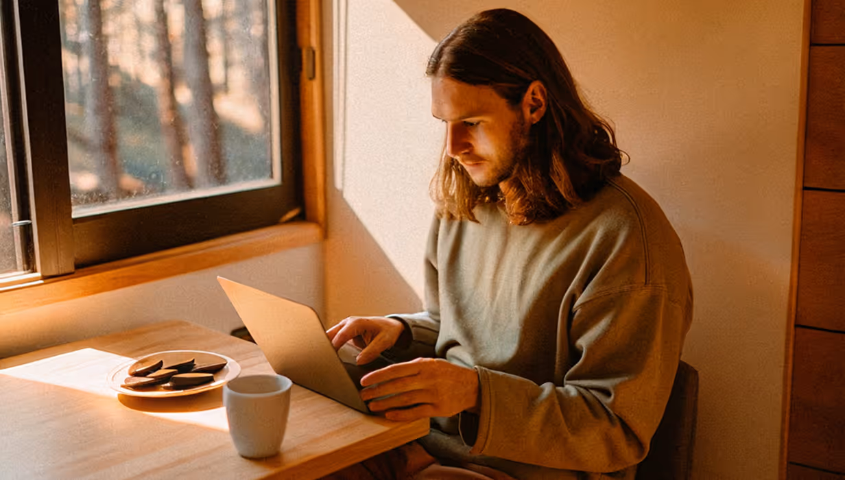 Man with long hair working on laptop at a wooden table next to a window with a plate of cookies and a white mug.