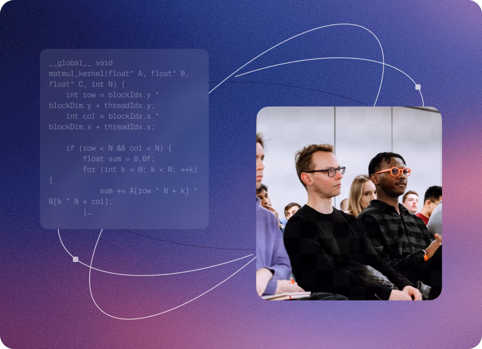 Group of diverse people attentively listening in a modern indoor setting with a purple computer code background overlay.